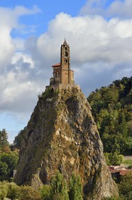 France, Haute Loire, Aiguilhe, a town bordering Puy-en-Velay, Routes of Santiago de Compostela in France listed as World heritage by UNESCO, the Saint-Michel d'Aiguilhe Chapel perched on a volcanic peak