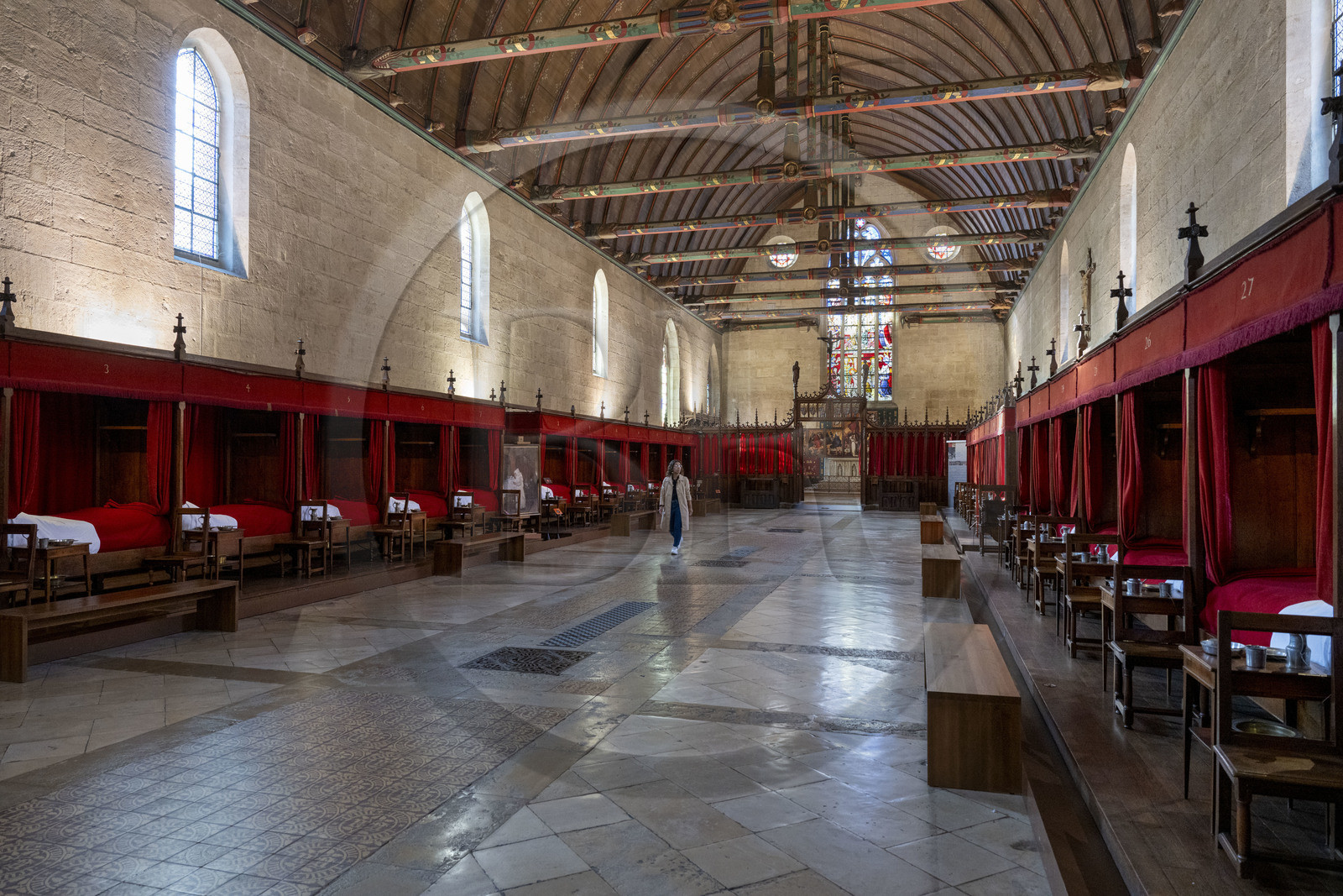 France, Cote d'Or, Beaune, area listed as World Heritage by UNESCO, Hospices de Beaune, Hotel Dieu, the Great Hall of the Poor and its curtained beds