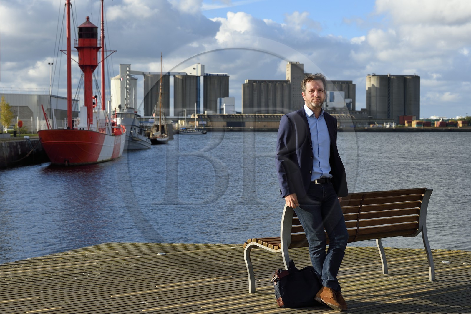 France, Seine-Maritime (76), Le Havre, quartier des docks, le bateau phare (bateaux-feux) dans le bassin de l’Eure, Gilda Gautier directeur du port de plaisance et délégué général de la Transat Jacques Vabre