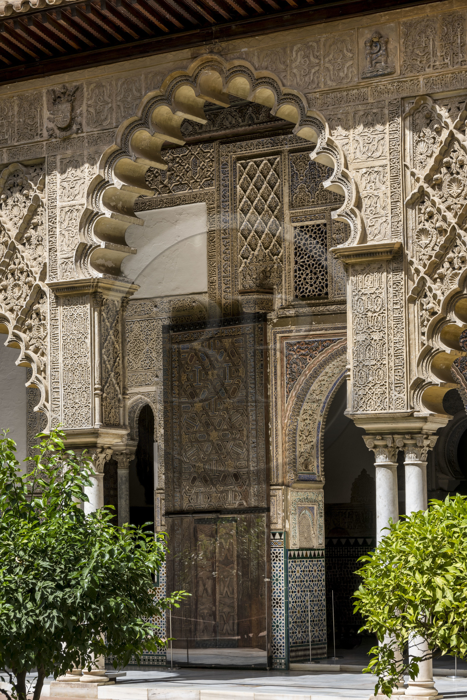 Espagne, Andalousie, Séville, Alcazar de Séville (Reales Alcazares de Sevilla), classé Patrimoine Mondial de l'UNESCO, Mudejar Palace or Palace of Pedro I, la Cour des Demoiselles (Patio de las Doncellas)