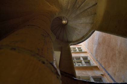 France, Rhone, Lyon, historical site listed as World Heritage by UNESCO, Vieux Lyon (Old Town), staircase with spiral stairs without core at the 10 rue Lainerie