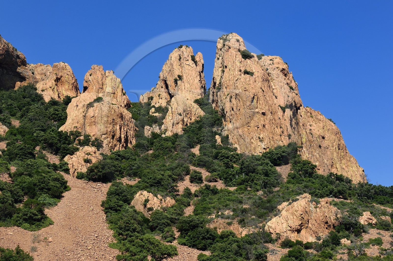 France, Var (83), Agay commune de Saint-Raphaël, massif de l'Estérel, Massif du Cap Roux, rochers rouges et pierrier