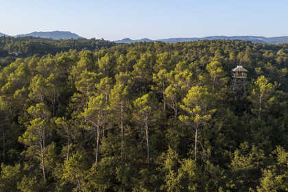 France, Var (83), Provence Verte, Bras, Académie du Bain de Forêt Provençale, forêt du domaine Le Peyrourier - une campagne en Provence, la tour de gué (vue aérienne