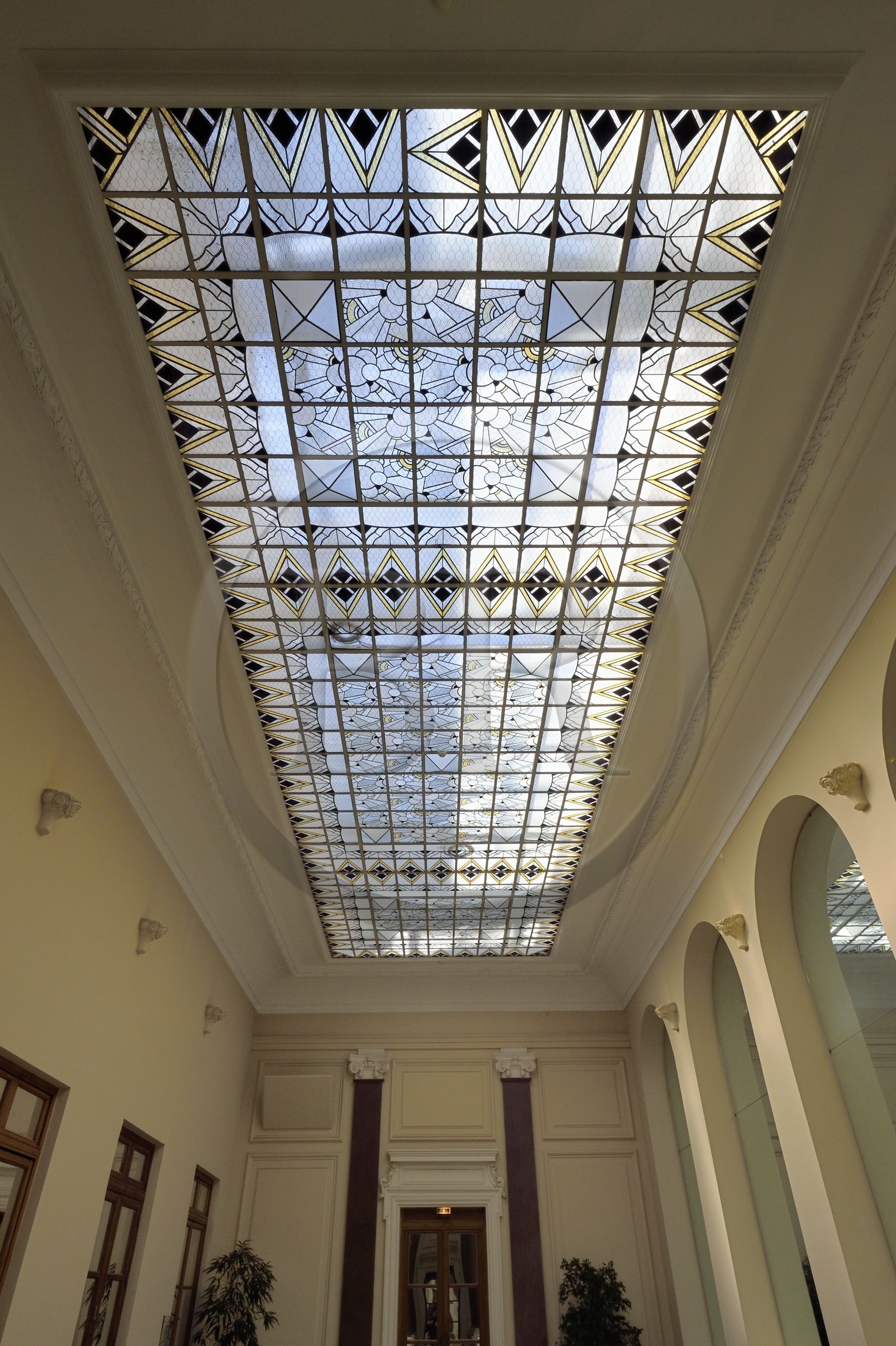 France, Allier (03), Vichy, Palais des Congrès (Congress Palace) and Opera, Art Deco glass roof of the Harlequin gallery of the former Grand Casino