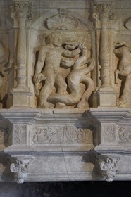 France, Dordogne, Périgord Vert, Villars, Puyguilhem castle, the Great Hall with its fire-place depicting the labours of Hercules