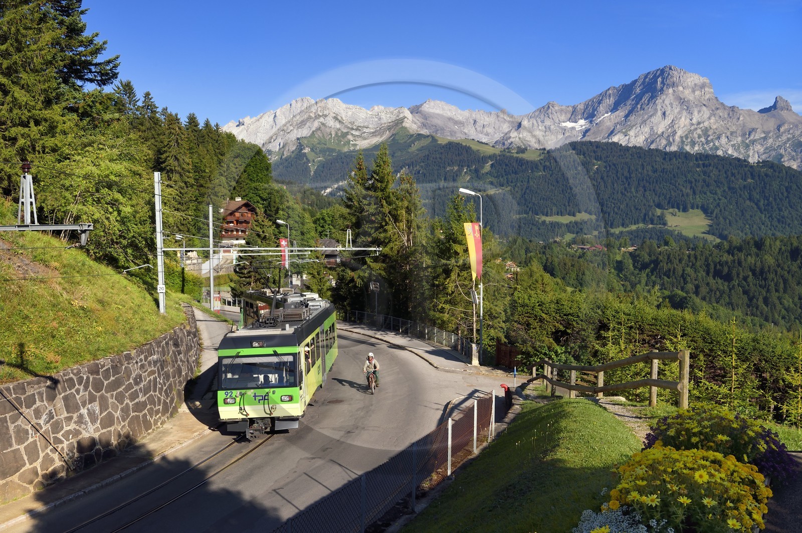 Suisse, canton de Vaud, Villars-sur-Ollon, panorama sur le massif de l'Argentine surplombant Solalex et le train allant de Bex dans la vallée à Villars en passant par Gryon