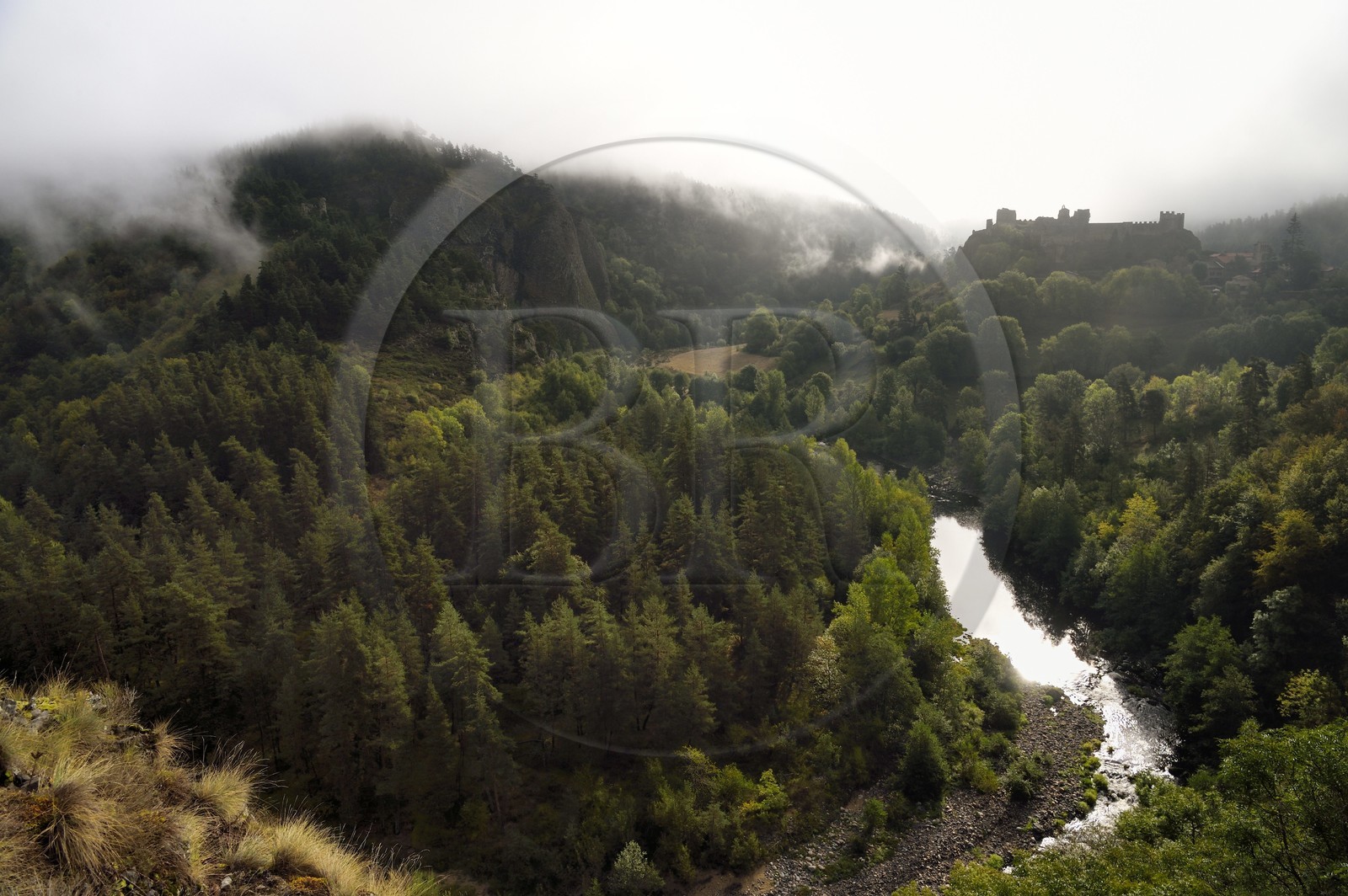 France, Haute Loire, Loire river Valley, Arlempdes, labelized the Most Beautiful Villages of France, ruins of the castle perched on a basalt rock overlooking a Loire river meander