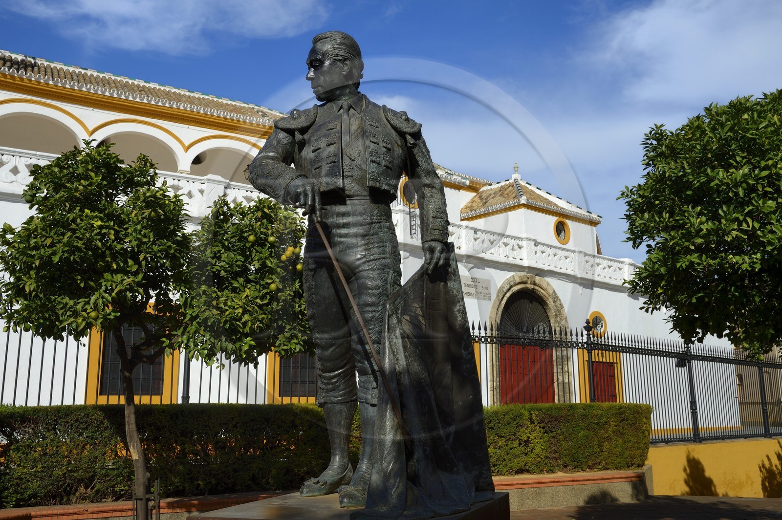 Spain, Andalusia, Seville, the Maestranza bullring (plaza de Toros), Statue of famous bullfighter Curro Romero