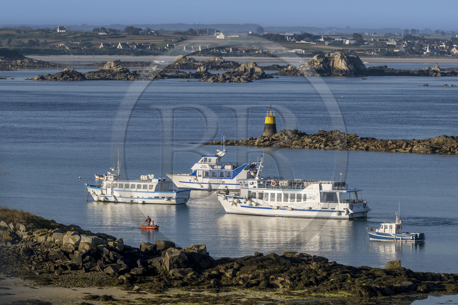 France, Finistère (29), Iles du Ponant, Ile de Batz, baie de  Porz-Kernok dans le chenal au petit matin, les vedettes qui font la liaison avec Roscoff