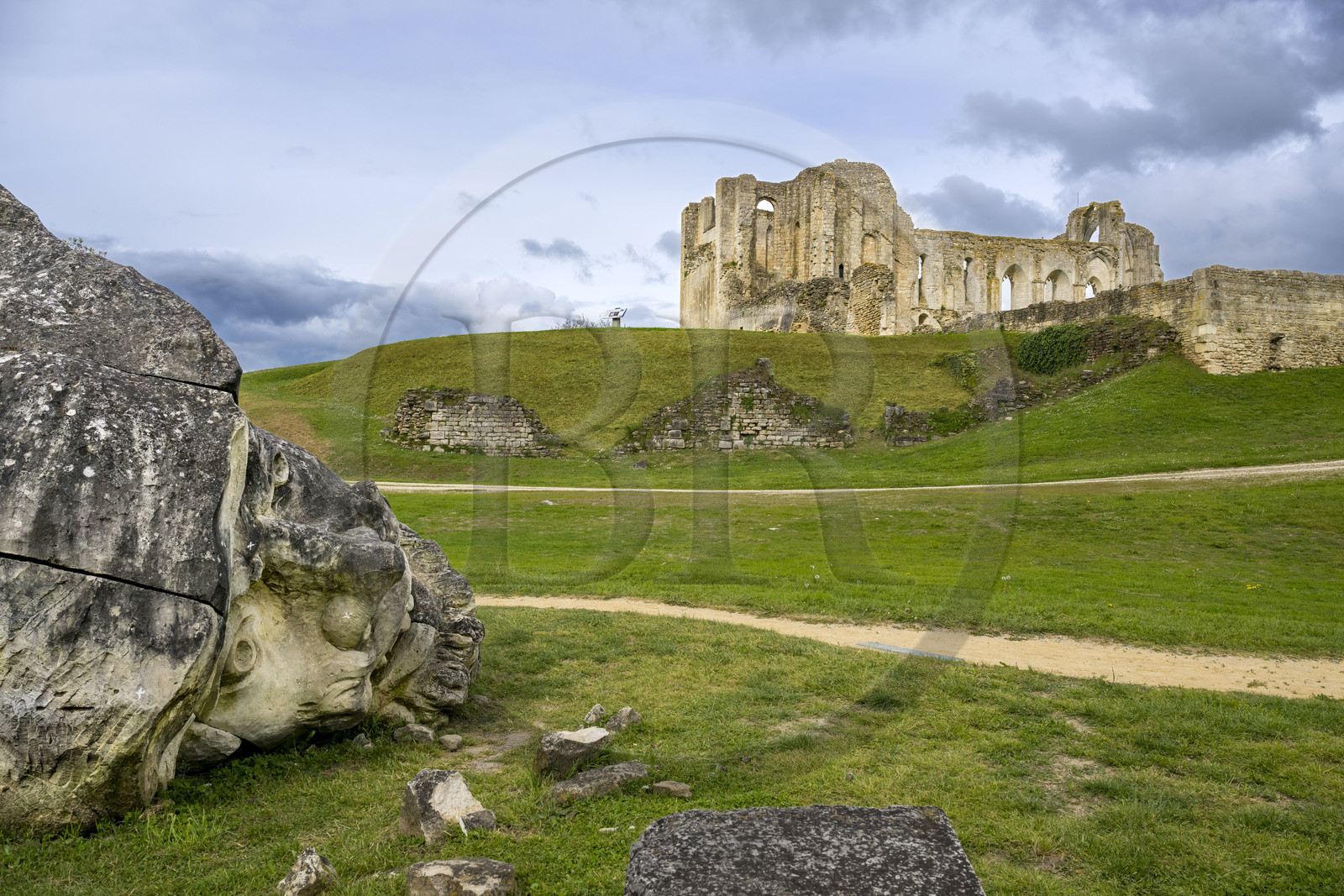France, Vendée (85), Parc Interrégional du Marais Poitevin labellisé Grand Site de France, Maillezais, vestiges de l'abbaye Saint-Pierre de Maillezais, tête réalisée en 2000 représentant Geoffroy la Grand'Dent