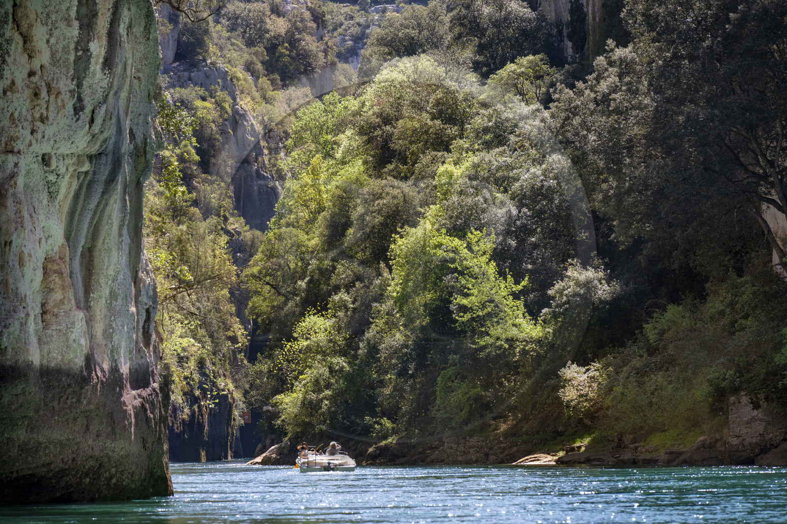 Var (83) rive gauche et Alpes-de-Haute-Provence (04) rive droite, Parc Naturel Régional du Verdon, Basses Gorges du Verdon en aval du lac de Sainte Croix, découverte en bateau électrique des gorges de Baudinard