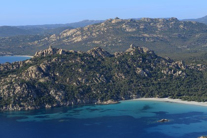 France, Corse du Sud, Cala de Roccapina natural site, Roccapina genoese tower and Lion rock (aerial view)