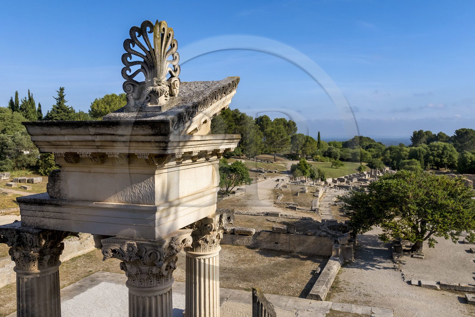 France, Bouches du Rhone, Regional Natural Park of the Alpilles, Saint Remy de Provence, site archéologique de Glanum, reconstructed columns and entablature of the small twin temple of the first forum in the foreground (aerial view)