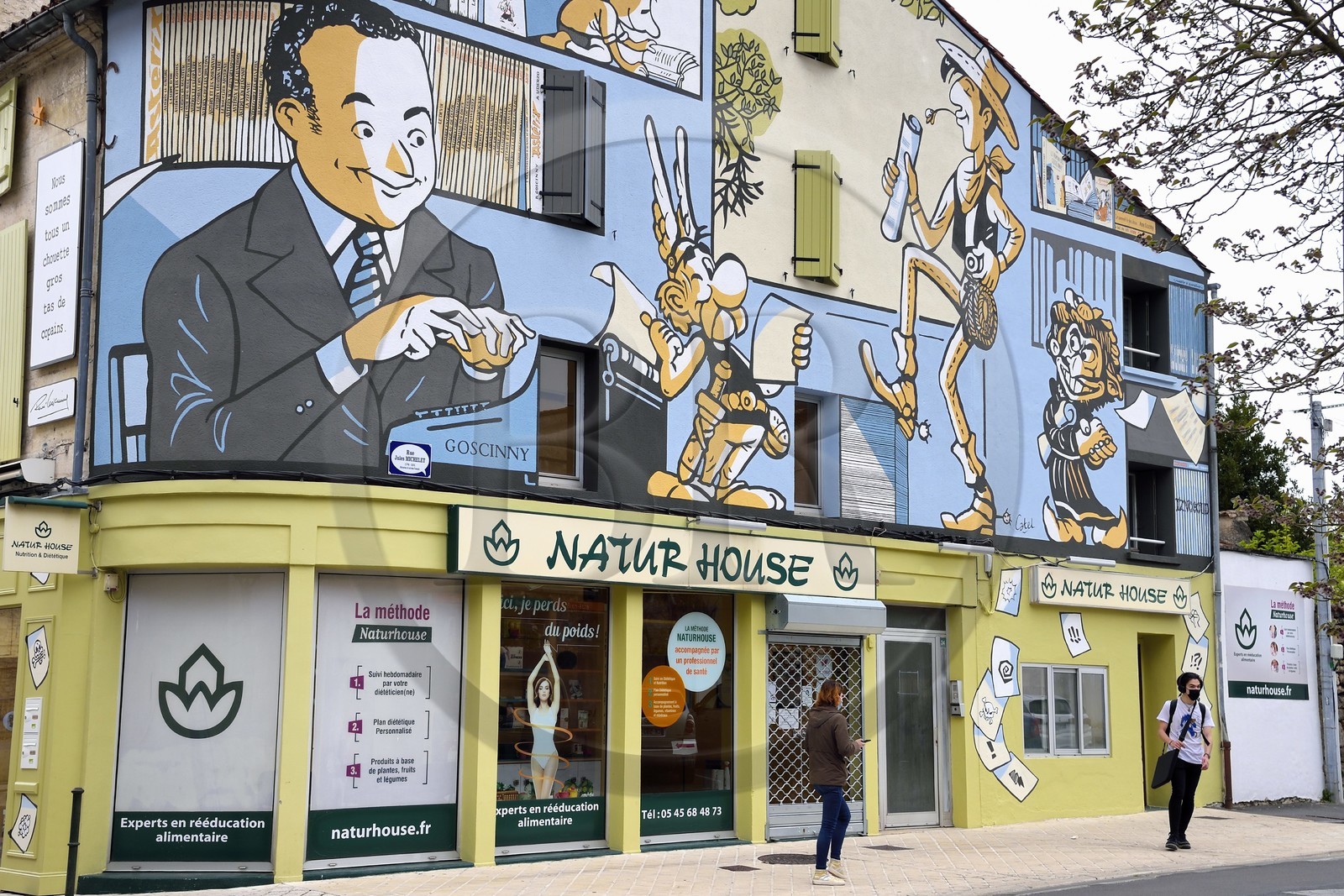 France, Charente (16), Angoulême, angle rue Goscinny et rue Michelet, Le Monde de René Goscinny, mur peint d'après un dessin original de Catel Muller et réalisé par MOON en 2020