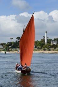 France, Finistere, Benodet, Trez Cove, arrival of the sailing boat (yole) Poull Mousig in the Odet river estuary