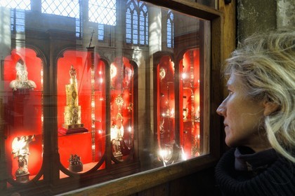 France, Meurthe-et-Moselle, Saint Nicolasde Port, Basilica of Saint Nicolas, Treasure Room, the relic of Saint Nicolas blessing dexter (according to tradition it is the bones of a joint of the right hand of the bishop) that is kept in a reliquary arm of the late 19th century in silver, gold, enamel and diamonds