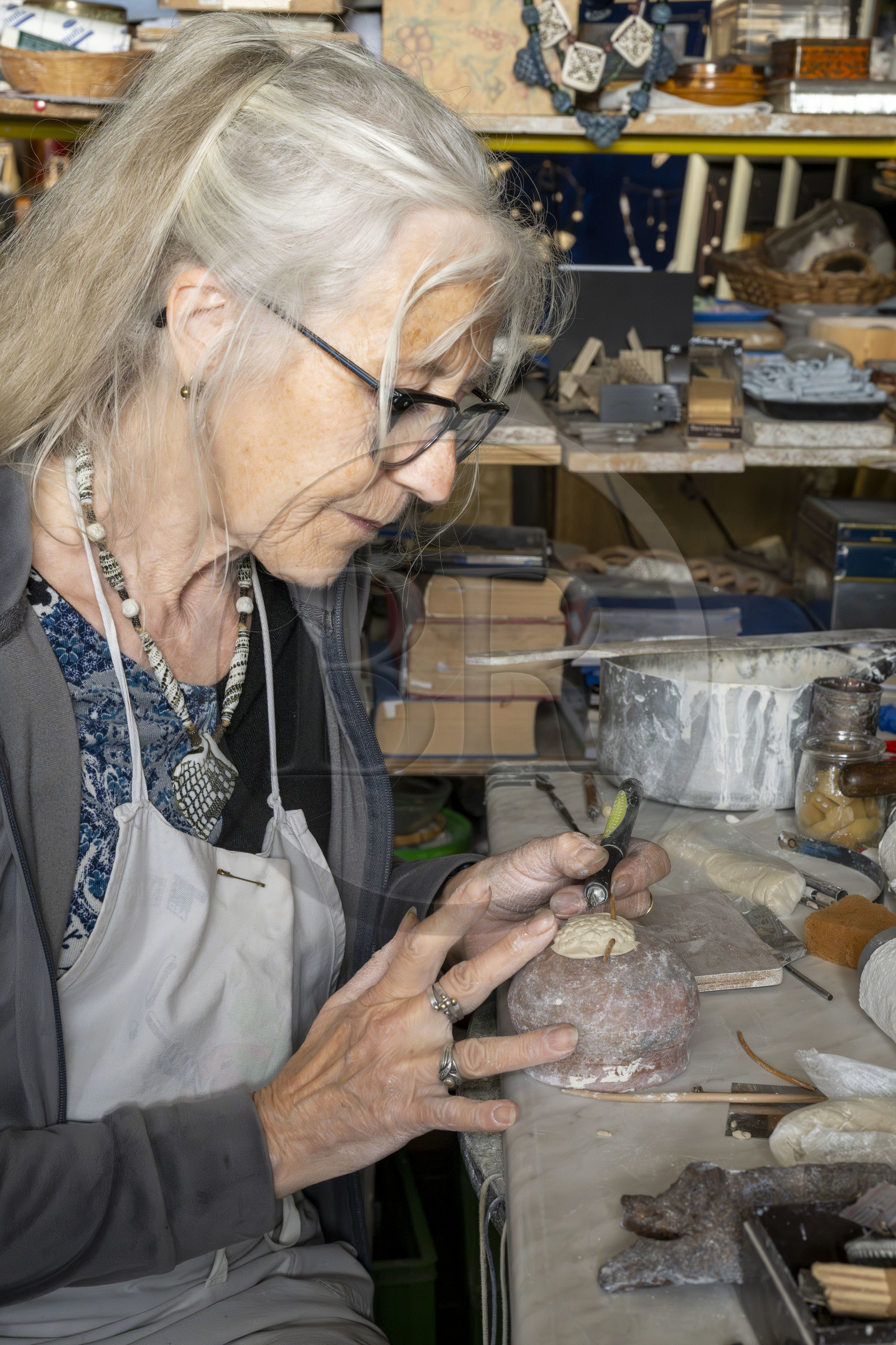 France, Vaucluse, Dentelles de Montmirail mountains, the medieval village of Séguret, labelled Les Plus Beaux Villages de France (The Most Beautiful Villages of France), workshop of Kti Sias who creates ceramic jewelry