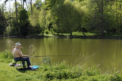 France, Paris (75), Bois de Boulogne, pecheur au bord de l'Etang de Longchamp