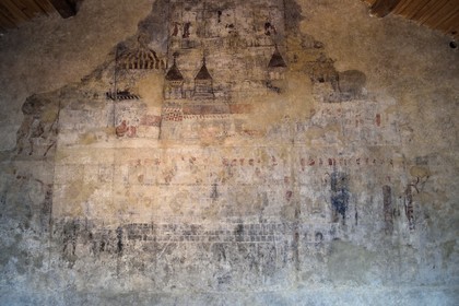 France, Haute Loire, Le Puy en Velay, Routes of Santiago de Compostela, Our Lady (Notre-Dame-de-l'Annunciation) cathedral listed as World heritage by UNESCO, home of the clergeons, besieged town probably during the Crusades, wall painting from the end of the 12th century