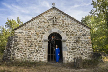 France, Var, Provence Verte (Green Provence), Bras village next to Saint Maximin, Le Peyrourier - une campagne en Provence, the musician artist Yasi Zandi in front of the reconstructed former Templar chapel