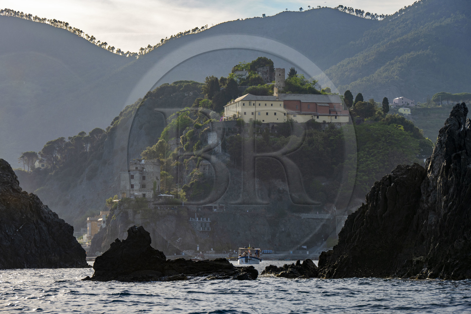 Italy, Liguria, Cinque Terre National Park listed as World Heritage by UNESCO, village of Monterosso al Mare, the 16th century Aurora Tower under the ruins of the castle and the monastery