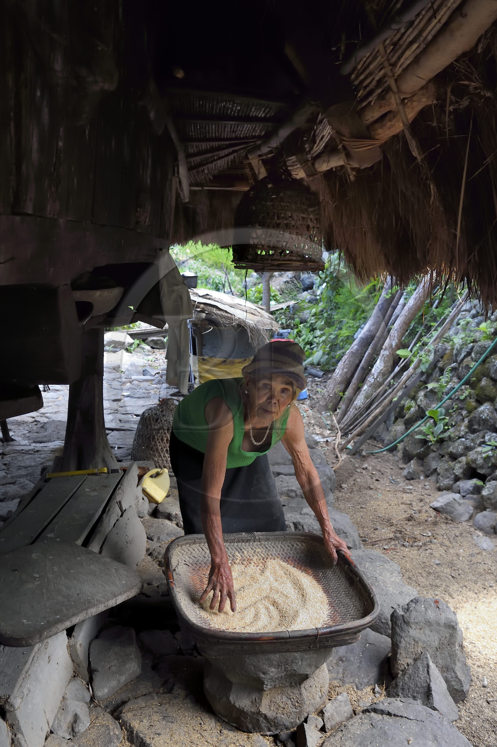 Philippines, Ifugao province, village of Batad, old woman sorting the rice under her granary