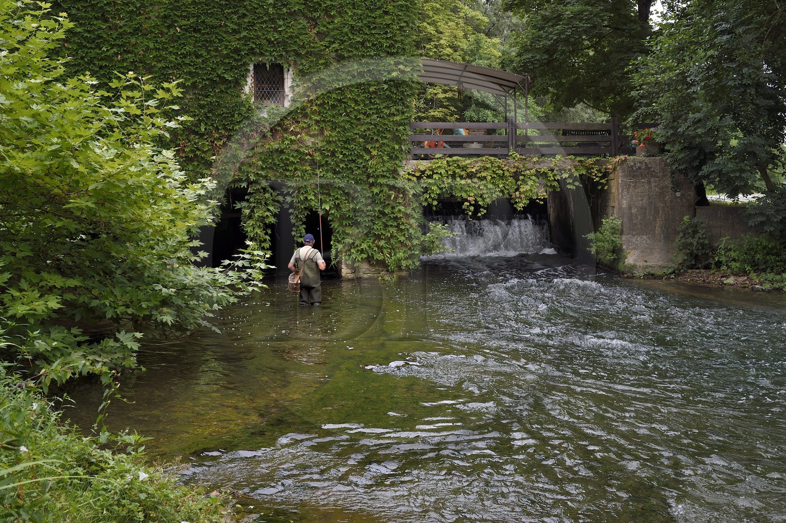 France, Dordogne (24), Périgord Blanc, Annesse-et-Beaulieu, pecheur à la ligne au pied du moulin de Taillepetit