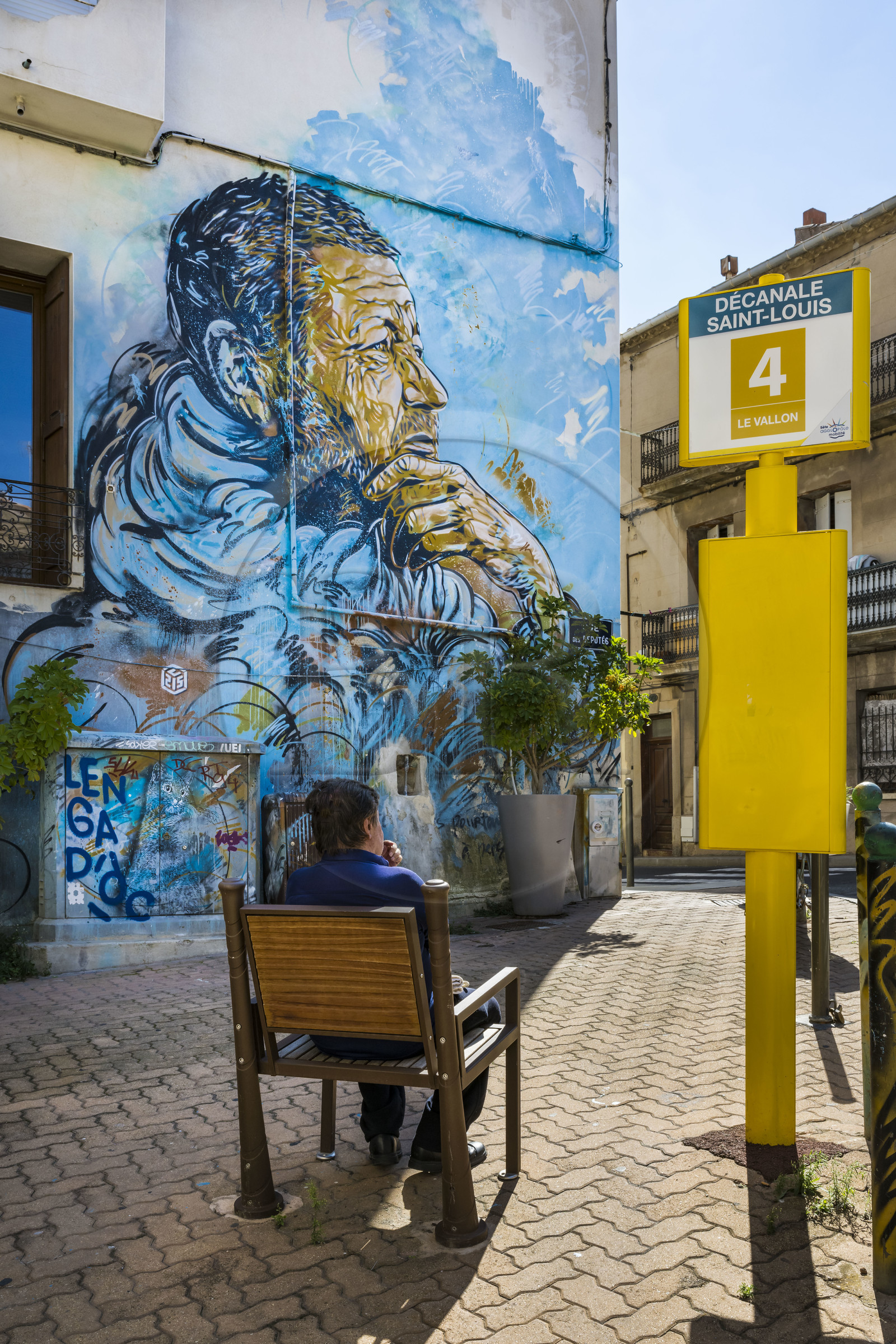France, Hérault (34), Sète, le Quartier Haut, fresque murale qui fait parti du MACO - Musée à ciel ouvert, Le Penseur de Sète de l'artiste C215 dans la Rue des Députés