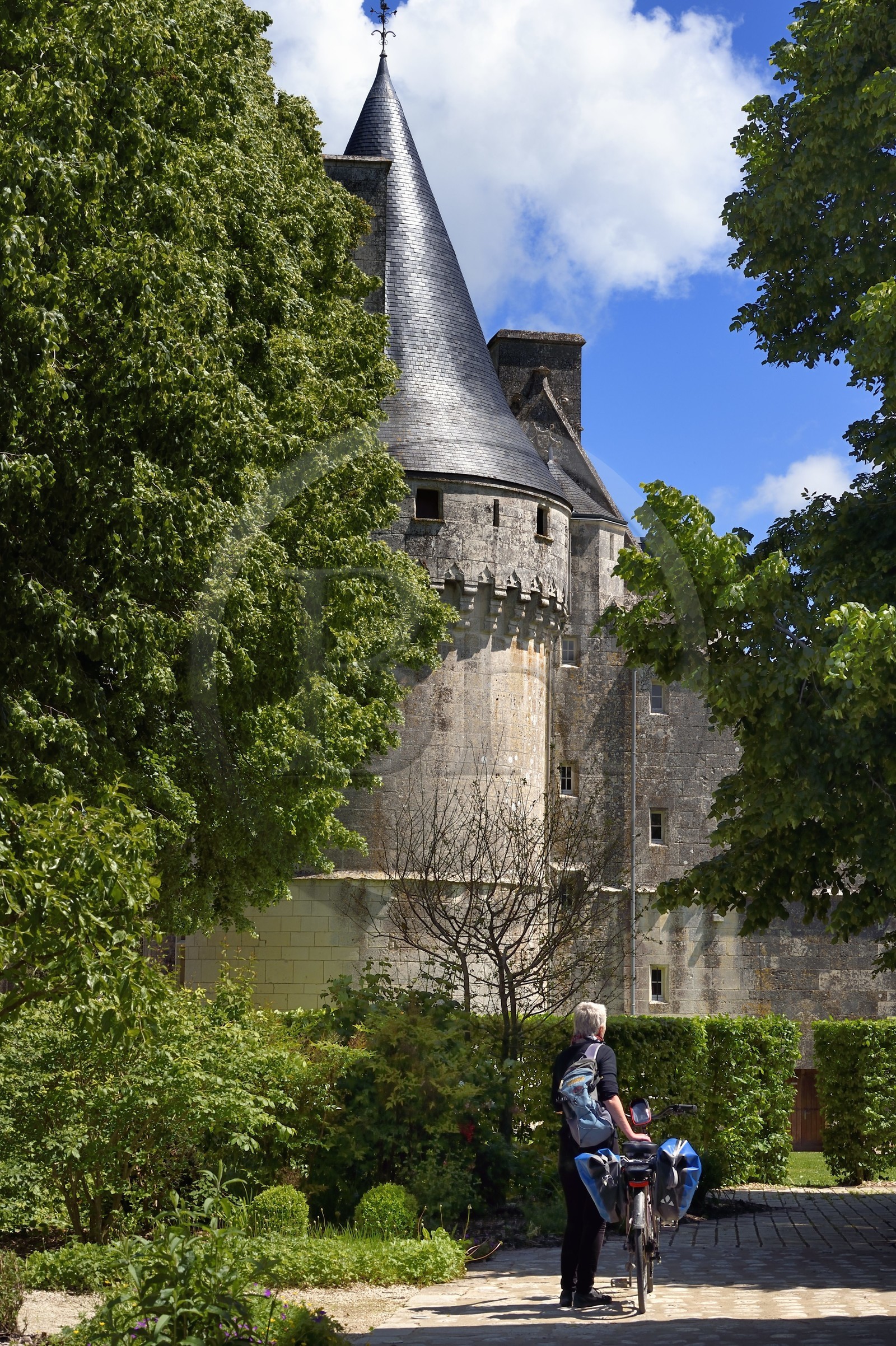 France, Charente-Maritime (17), Saintonge, Crazannes, chateau de Crazannes, la tour cylindrique à machicoulis coiffée d'une poivrière très pointue