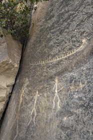 Azerbaïdjan, Gobustan, Parc national de Gobustan, Paysage culturel de l'art rupestre de Gobustan, représentation de chasseurs et d'un bateau