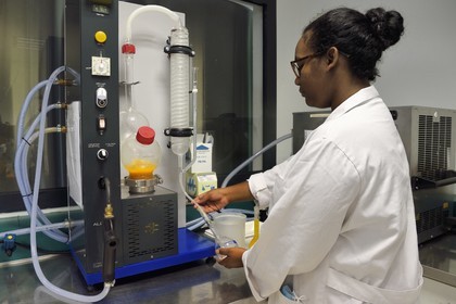 France, Ile de la Reunion, Saint Pierre, domaine de la distillerie Isautier, laboratoire d'analyses et de conception des nouveaux arrangements de rhum, l'assistante controle qualité Indrali effectue une analyse