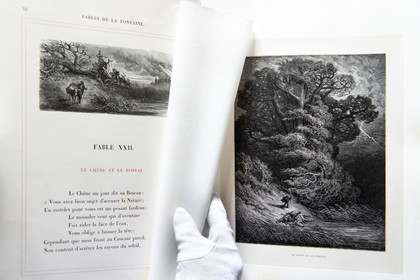 France, Aisne, Château-Thierry, Jean de La Fontaine Museum - city of Chateau-Thierry,  La Fontaine's Fables book, L. Hachette et Cie, illustrated edition (1867) by the designer and engraver Gustave Doré, the Oak and the Reed fable XXII of book I