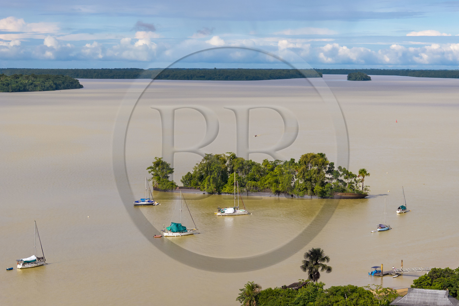 France, French Guiana, Saint-Laurent-du-Maroni, the wreck of the British merchant ship Edith Cavell, which ran aground in 1924 and became an island on the Maroni River (aerial view)