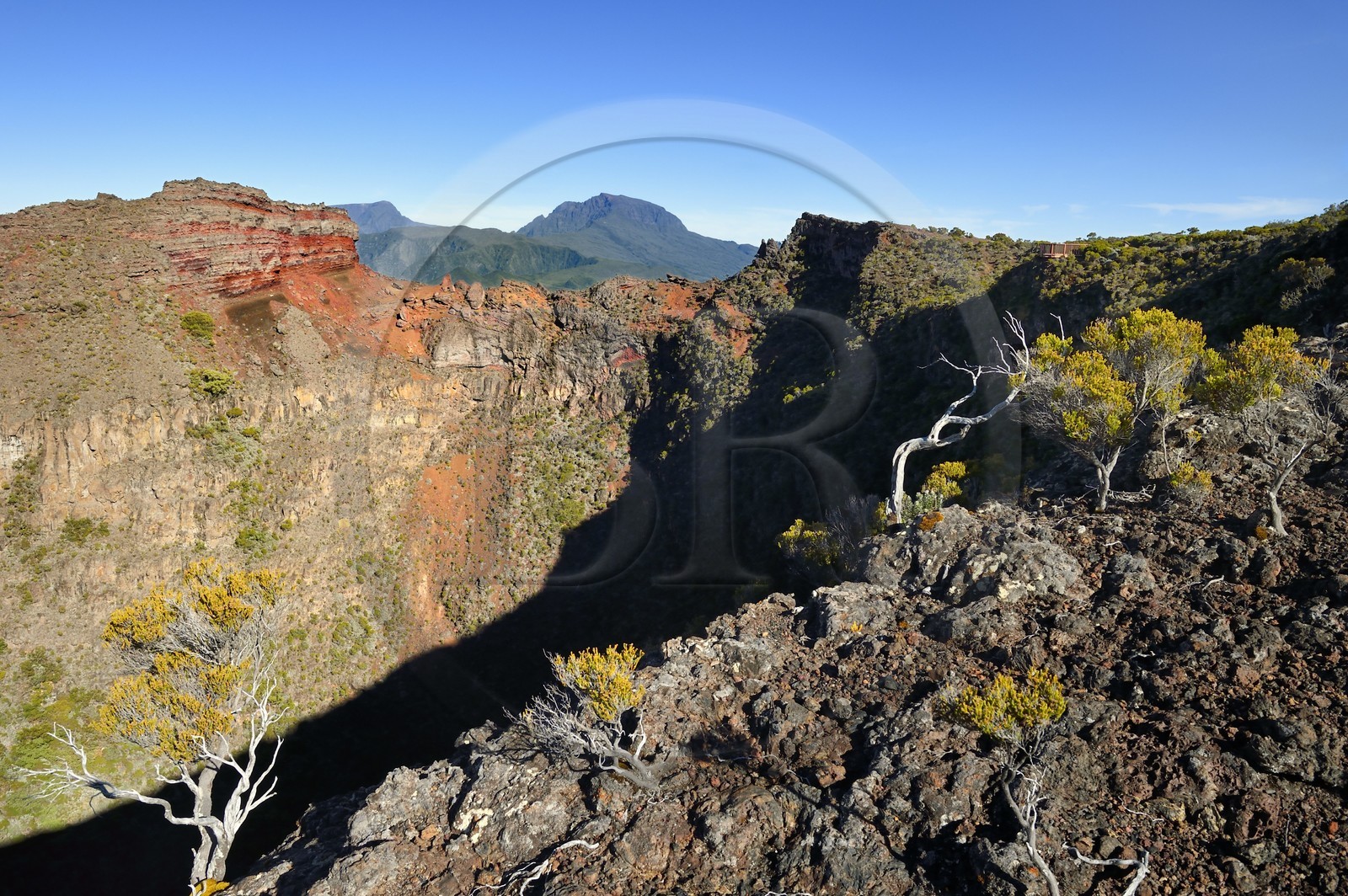 France, Ile de la Reunion, Parc National de la Réunion classé Patrimoine Mondial de l'UNESCO, le Cratère Commerson sur les flans du volcan Piton de la Fournaise et l'ancien volcan du Piton des Neiges en arrière plan