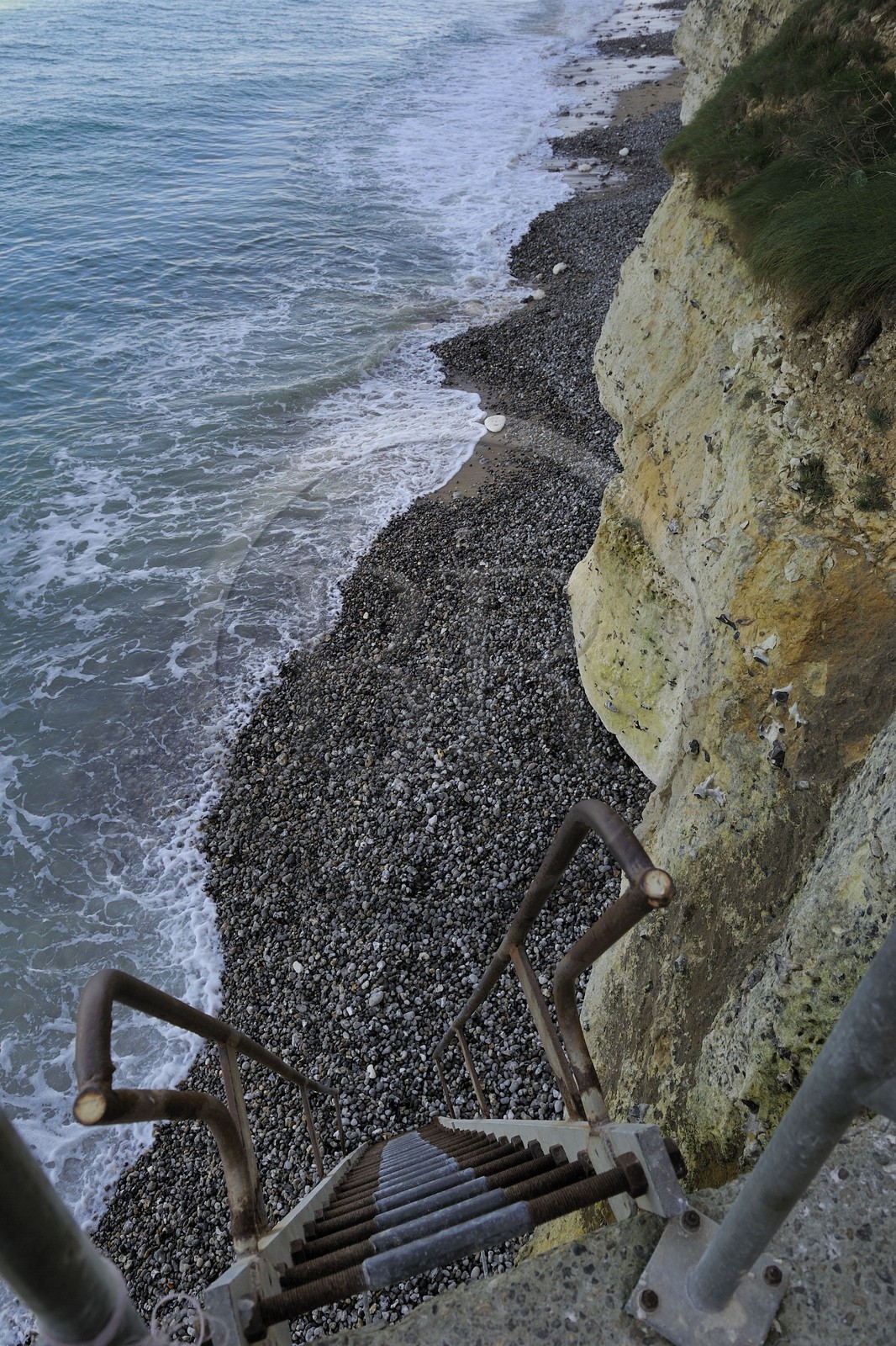 France, Seine-Maritime (76), Pays de Caux, Côte d'Albâtre, petite valleuse à Septimanville, échelle menant à la mer