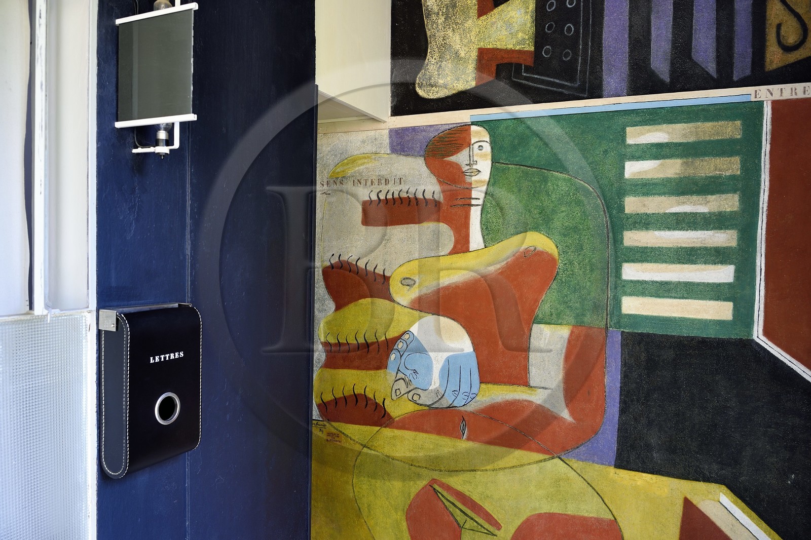 France, Alpes Maritimes, Roquebrune Cap Martin, Cap Martin, Sentier de la Buse, Villa Eileen Gray E1027 designed by architect and designer Eileen Gray for the architect Jean Badovici, mural painting of Le Corbusier and leather letterbox redone by Hermes (Authorization request necessary before publication)