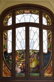 France, Meurthe et Moselle, Nancy, Art Nouveau building of the Chamber of Commerce and Industry (CCI), stained glass on the ground floor representing the strengths of Lorraine industry designed by Jacques Gruber, glass work