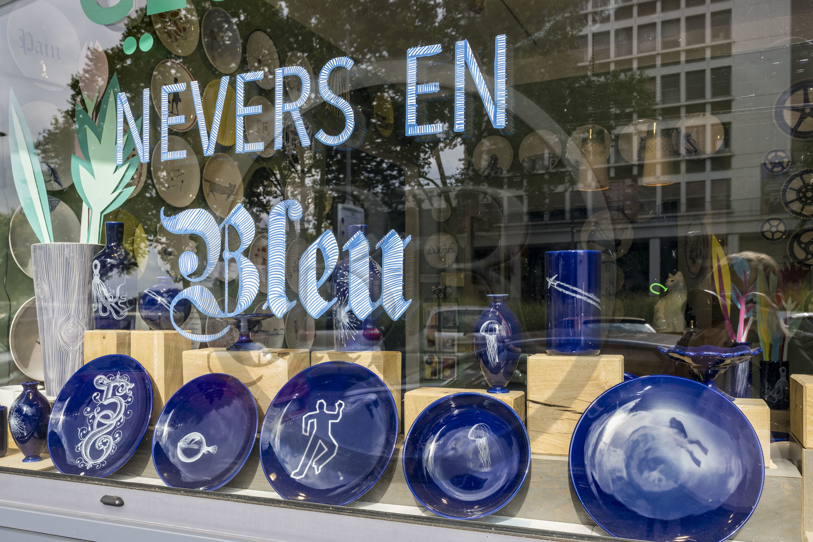 France, Nièvre, Nevers, Faïencerie Georges, contemporary earthenware featuring marine animals, starry skies and hikers
