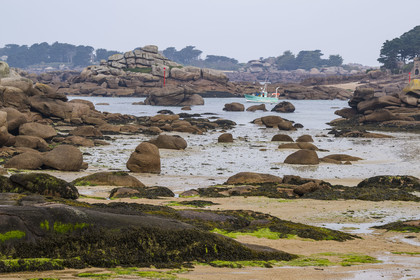 France, Côtes-d'Armor (22), Côte de Granit Rose, Perros-Guirec, bateau de pêche dans le chenal de sortie du port naturel de Ploumanac'h