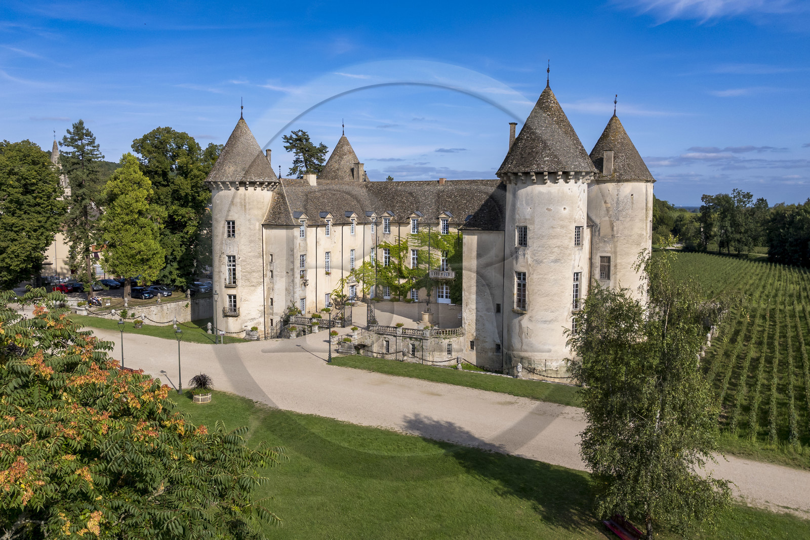 France, Cote d'Or, Climats terroirs of Burgundy listed as World Heritage by UNESCO, Côte de Beaune, Savigny-les-Beaune, the castle with museums and collections of fighter planes, Abarth racing cars, motorcycles, straddle tractors, models, fire trucks (aerial view)