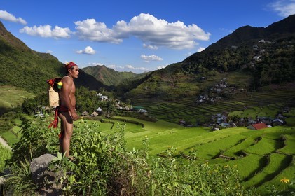 Philippines, province d'Ifugao, les rizières en terrasses de Banaue autour du village de Batad, classées Patrimoine Mondial de l'UNESCO, le guide Adolpho revetu du costume traditionnel Ifugao