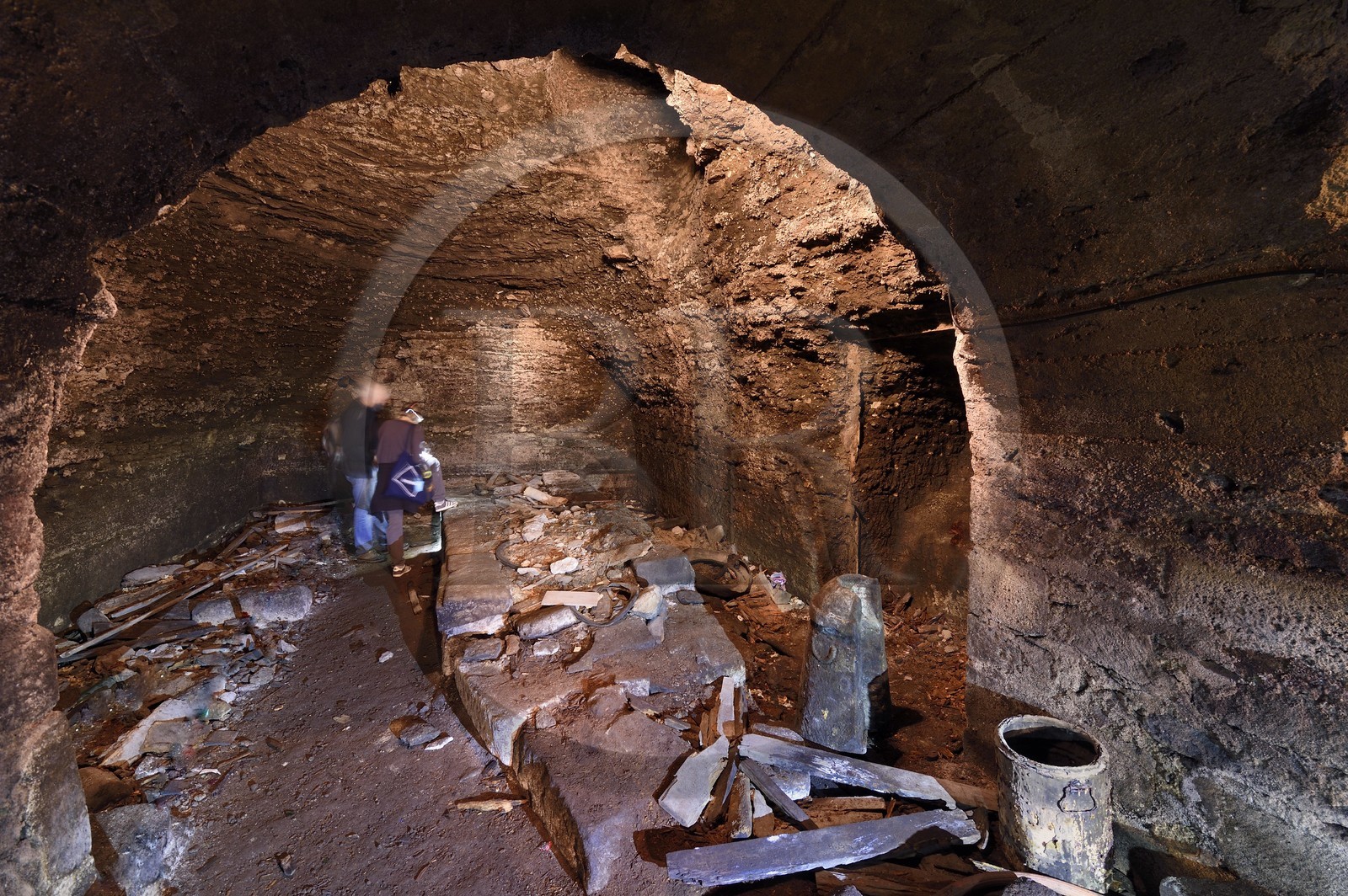 France, Puy de Dome, Clermont Ferrand, members of the ACAVIC association (Amis des Caves du Vieux Clermont) in the galleries dug in the basements in tuff of the Conservatory (former Lycée Blaise Pascal)