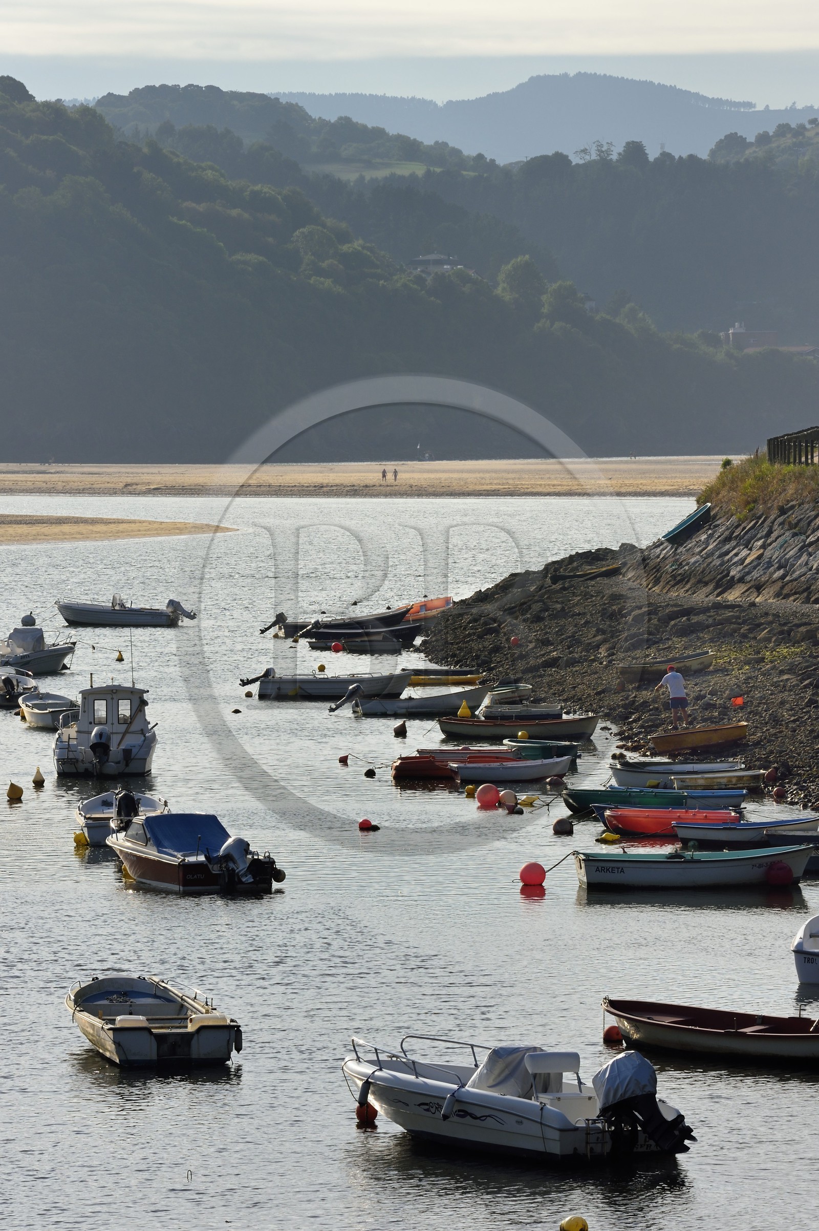 Espagne, Pays basque espagnol, Biscaye, région de Gernika-Lumo, Réserve de biosphère d'Urdaibai, estuaire du fleuve Oka à marée basse au sud de Mundaka, petit mouillage de Laida