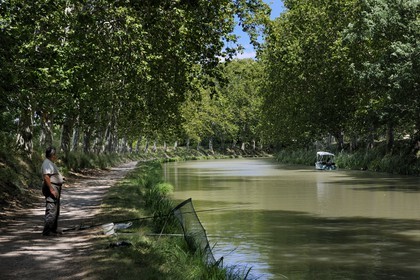 France, Hérault (34), pêcheur sur le chemin de Halage du Canal du Midi vers Colombiers
