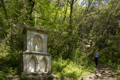 France, Vaucluse, Dentelles de Montmirail mountains, Sablet, hikers arriving at the ruined site of a 7th-century abbey of nuns in the Prébayon valley
