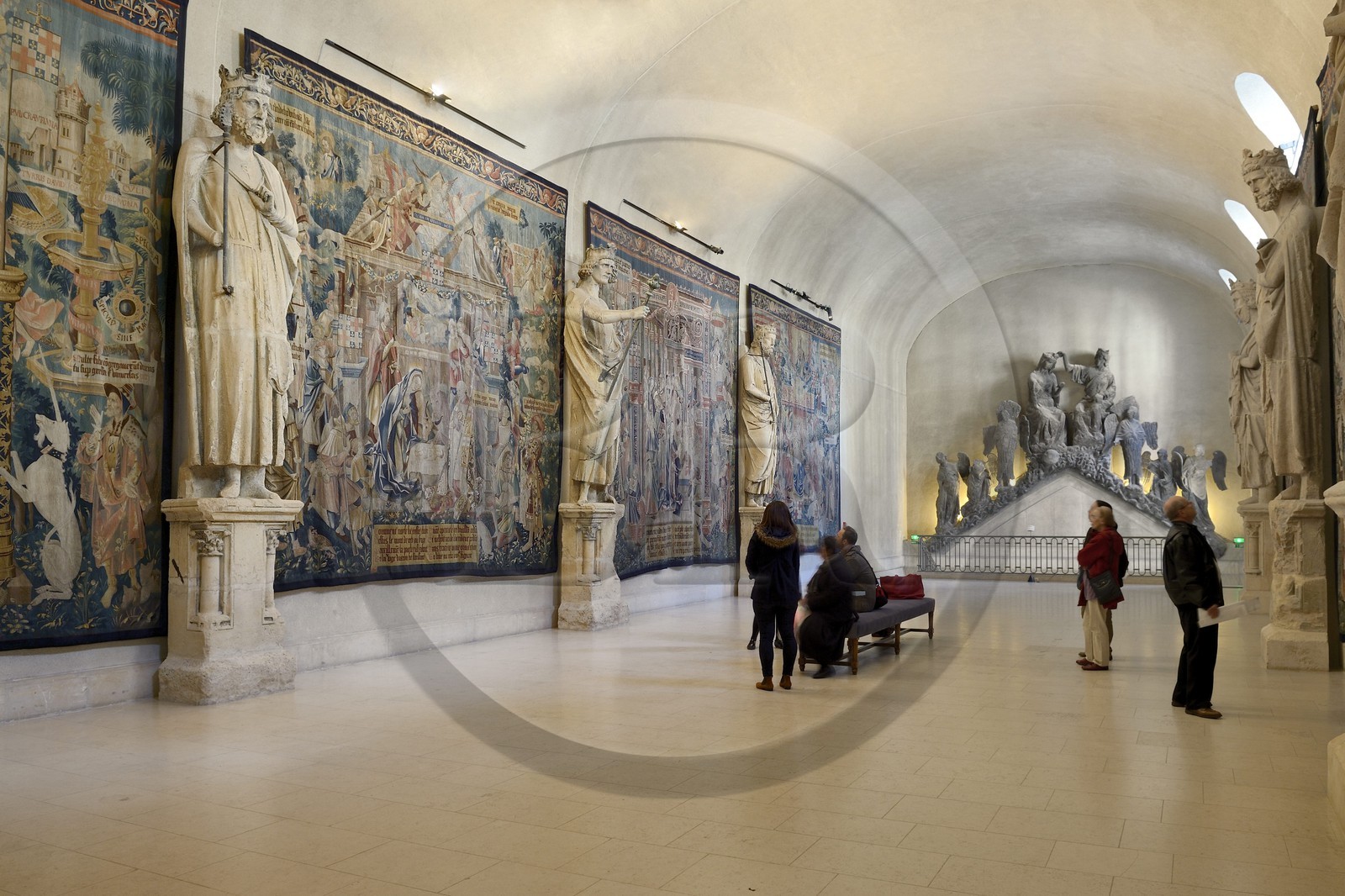 France, Marne, Reims, Palais du Tau, listed as World Heritage by UNESCO, Coronation of the Virgin hall, tapestries depicting the history of the life of the Virgin and statues of the Kings Gallery coming from the Cathedral