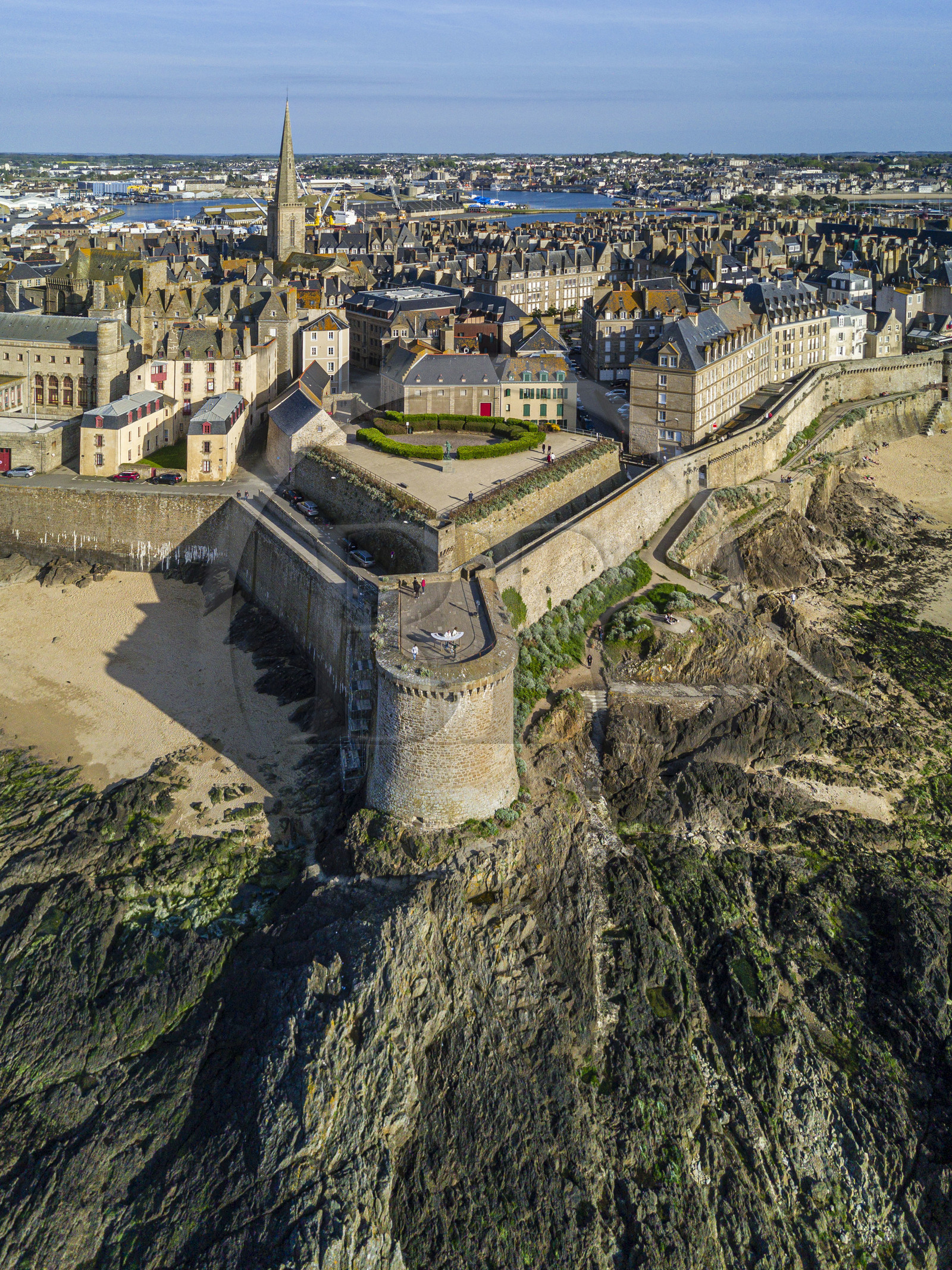 France, Ille et Vilaine, Cote d'Emeraude (Emerald Coast), Saint Malo, the walled city with the Bidouane Tower in the foreground (aerial view)