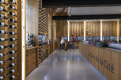 France, Cote d'Or, Dijon, area listed as World Heritage by UNESCO, International Cité of Gastronomy and Wine by architect Anthony Béchu, the Cave de la Cité wine library offers around 3,000 wine references in the gastronomic village