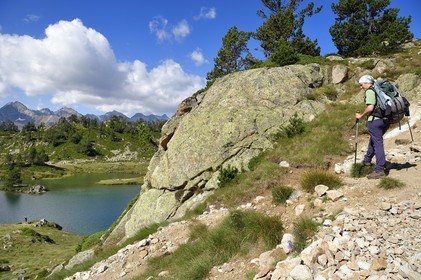France, Hautes Pyrenees, Saint Lary Soulan and Vielle-Aure, hike on a variant of the GR10 between the Portet pass and the Bastan lakes on the edge of the Neouvielle nature reserve, middle Bastan lake