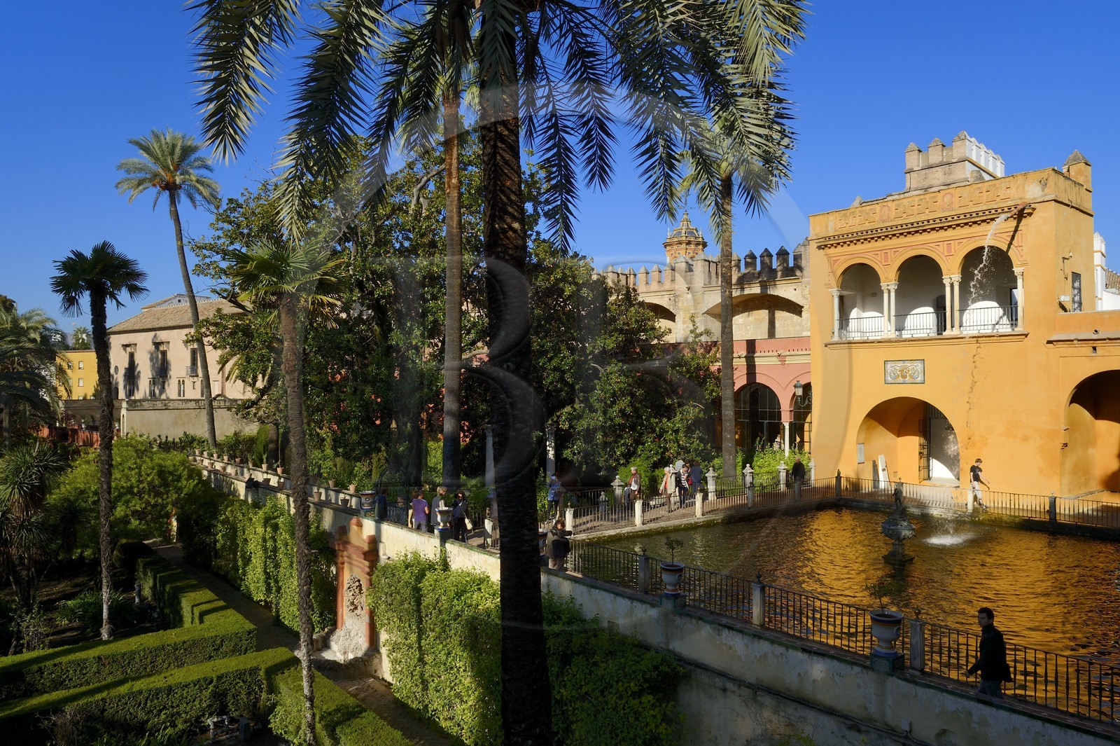 Spain, Andalusia, Seville, the Alcazar of Seville (Reales Alcazares de Sevilla), listed as World Heritage by UNESCO, the gardens and the Palacio Gotico, Mercury fountain